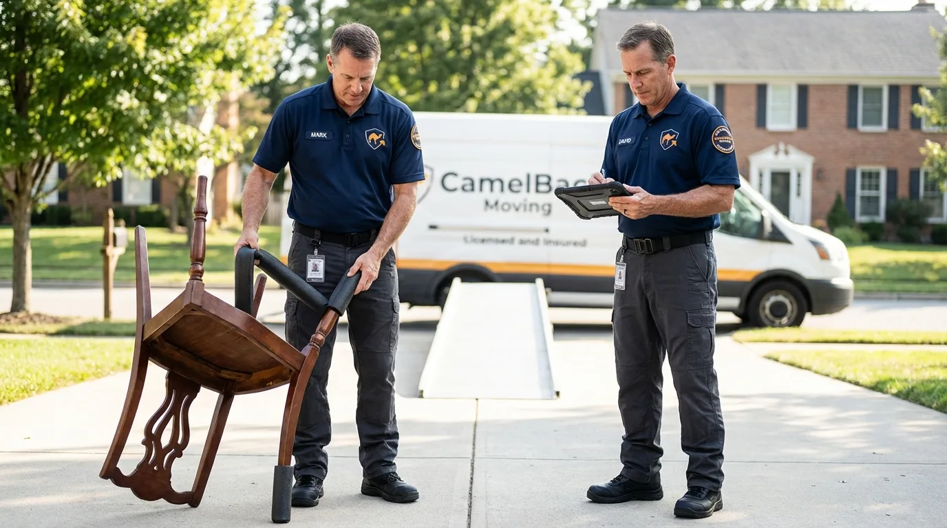 Movers inspecting furniture for damage prevention before loading in Elizabethtown, PA