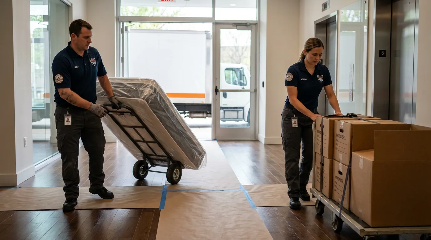 Professional apartment movers loading elevator in Elizabethtown, PA