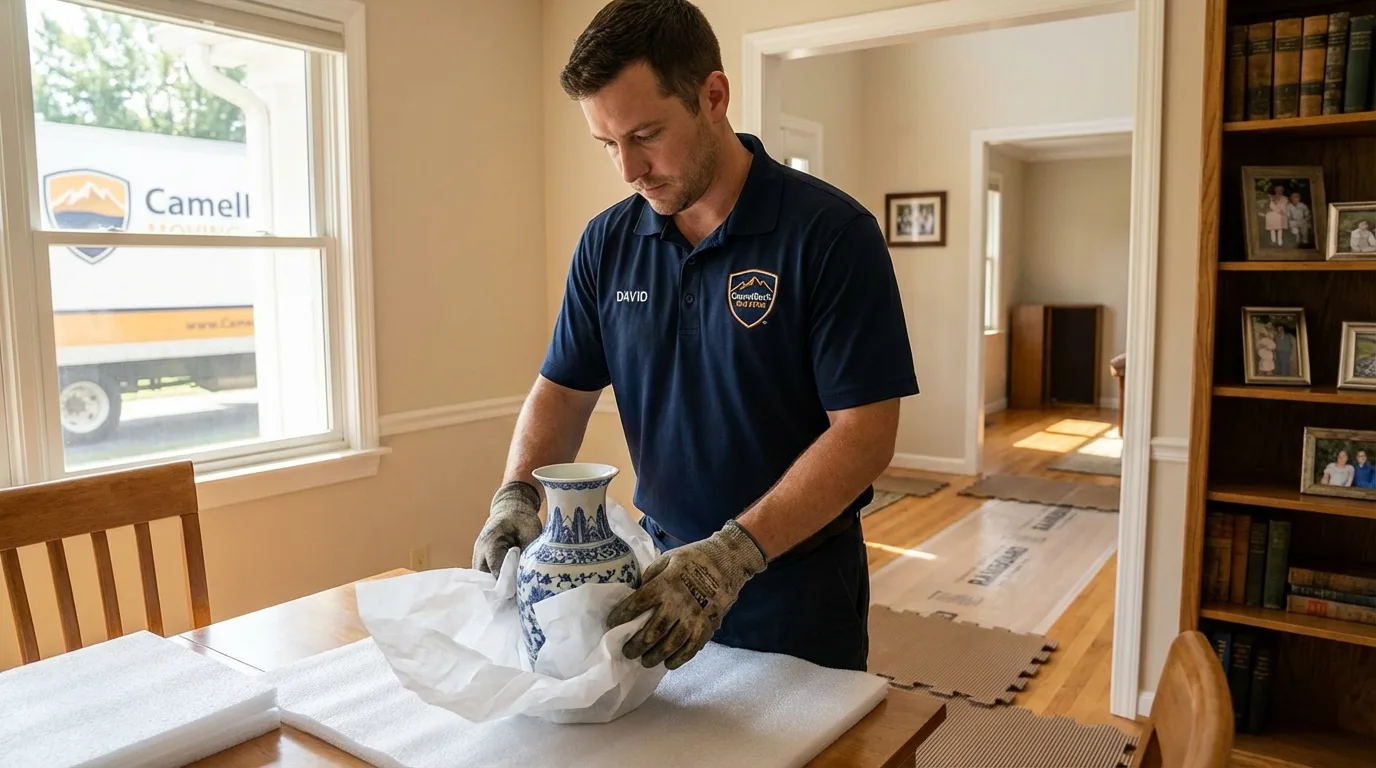 Professional crew carefully wrapping antique vase for senior downsizing move in Elizabethtown, PA